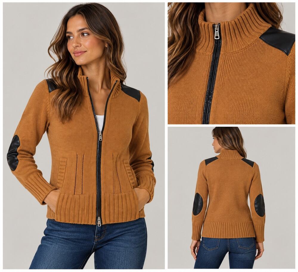 Terry Lewis Womens XS Camel Wool Blend Zip Sweater Faux Leather Trim Y2K